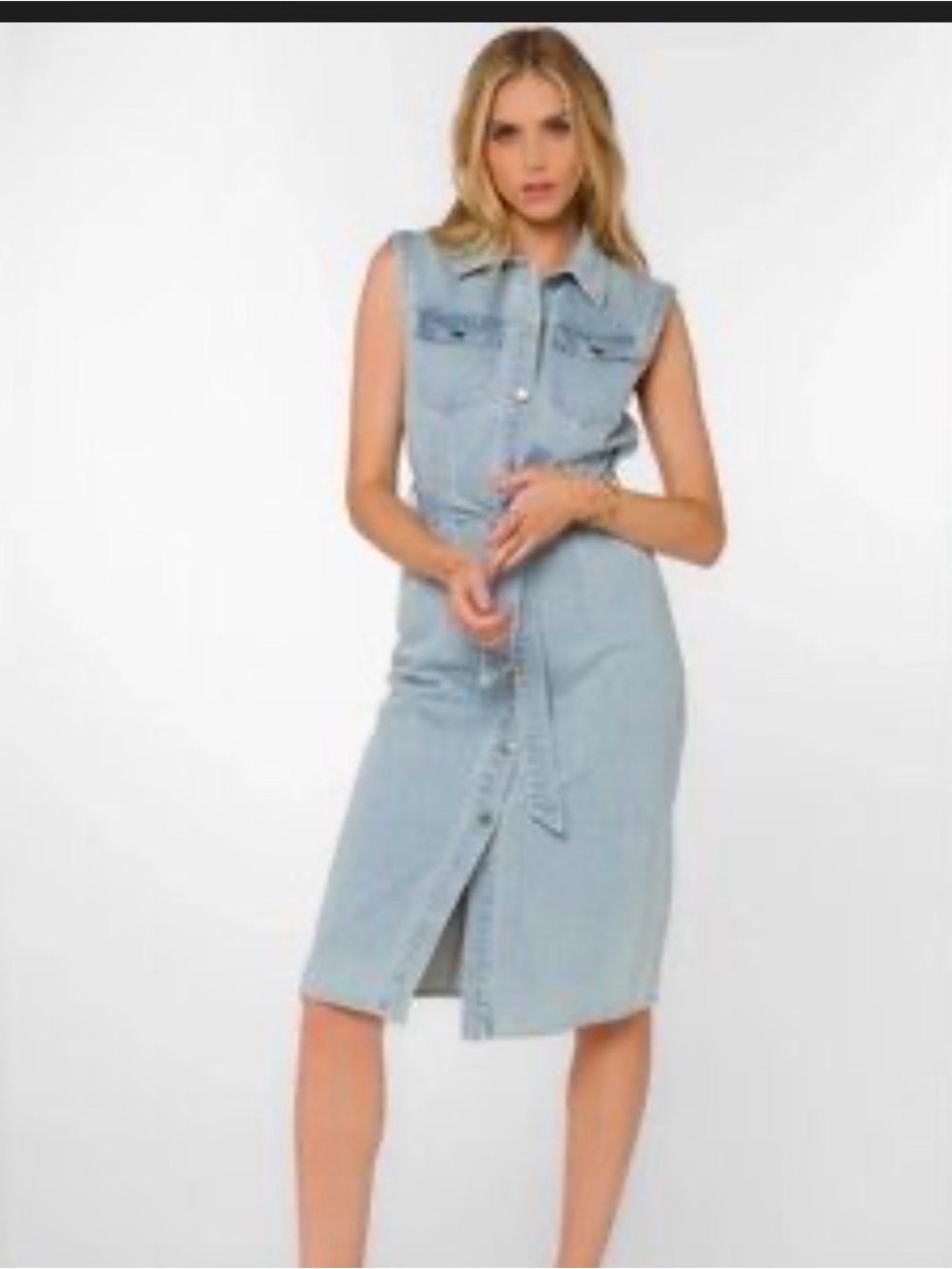 Sleeveless Light Blue Denim Midi Shirt Dress with Tie Waist
